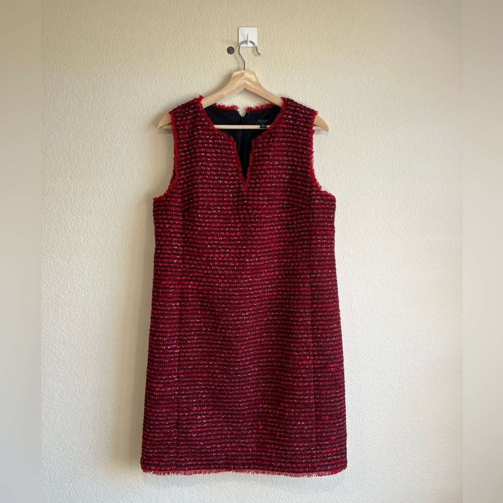 Ann Taylor Black Red Metallic Fringe‎ Tweed MIDI Dress 12 career business fall